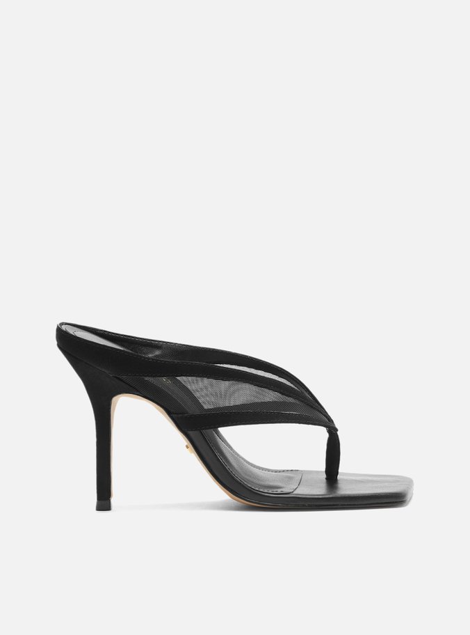 Mule Preta Tela Salto Alto Thong