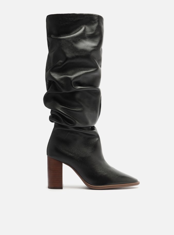 Bota Preta Couro Cano Alto Salto Alto