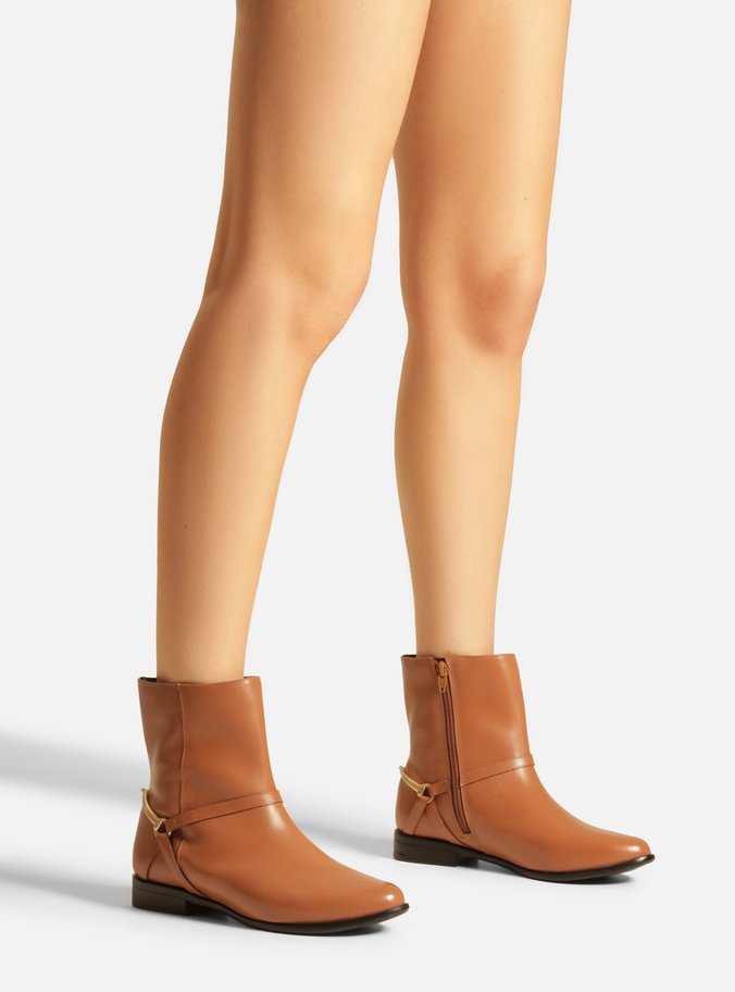 Bota Marrom Couro Cano Curto Salto Bloco Tiras