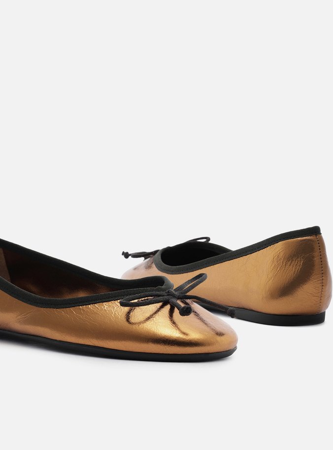 Sapatilha Bronze Couro Shiny Bico Redondo Laço