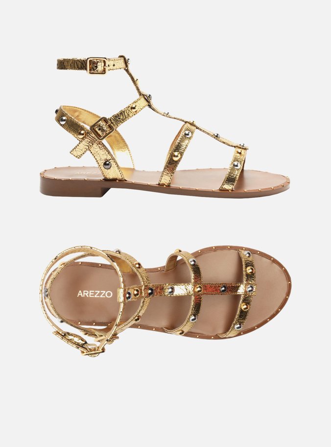 Sandália Rasteira Dourada Couro Gladiadora Studs