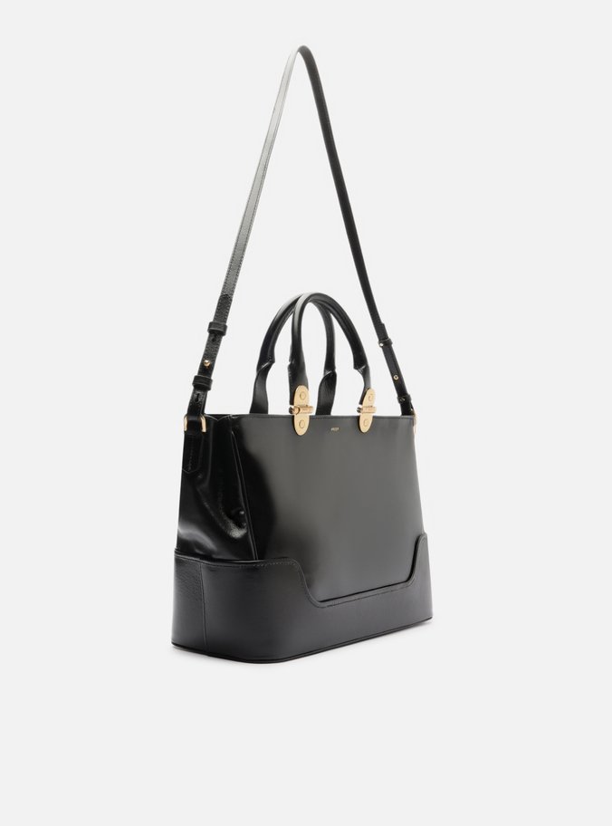 Bolsa Tote Preta Couro Natural Grande Metais