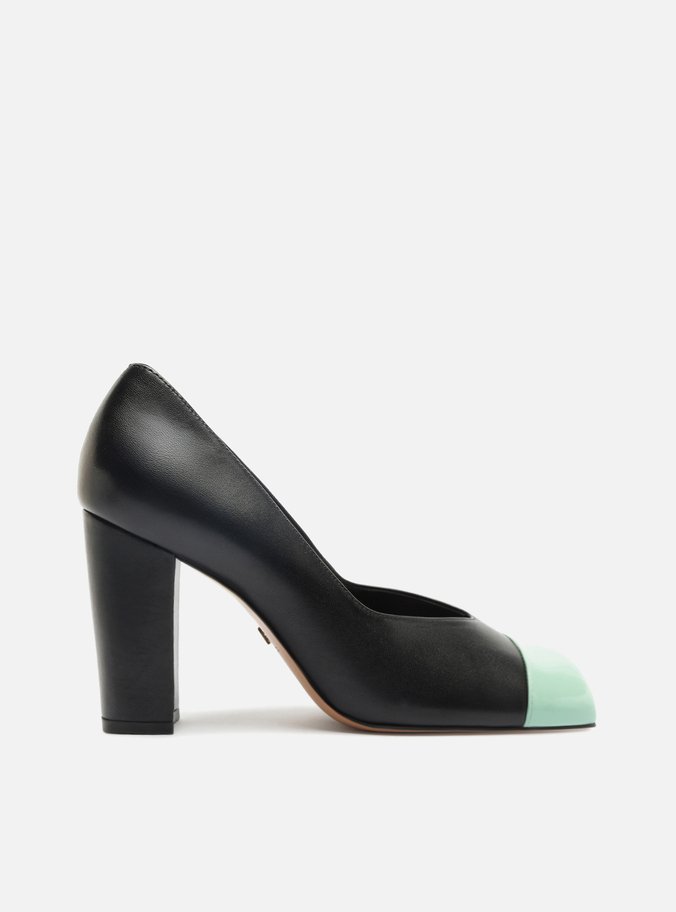 Scarpin Preto Salto Bloco Cap Toe Verde