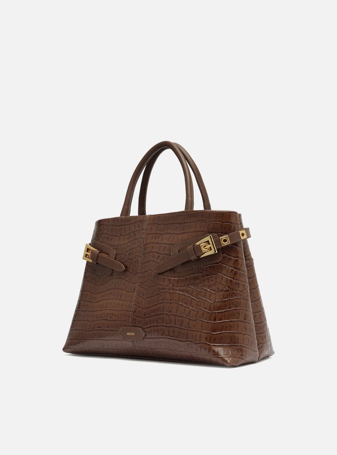 Bolsa Tote Marrom Couro Croco Grande Fivelas