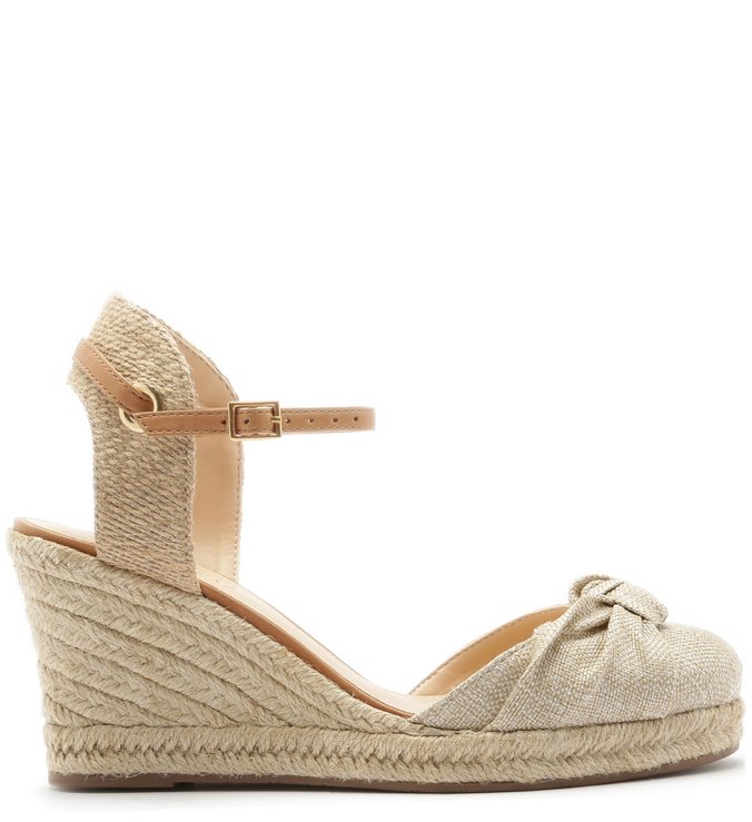 Espadrille Linho Drapeado Salto Médio Corda Natural e Natural Wood