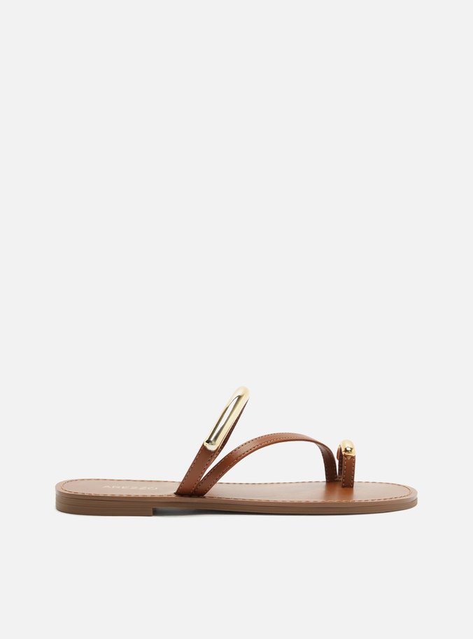 Rasteira Marrom Tiras Finas Metal Dourado