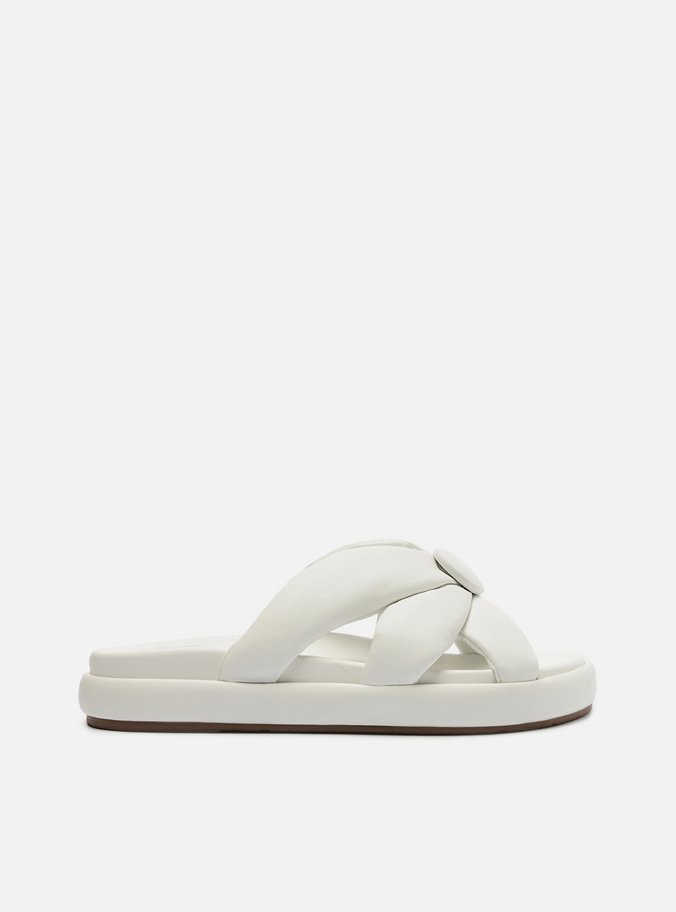 Rasteira Branca Couro Flatform Tiras Botão