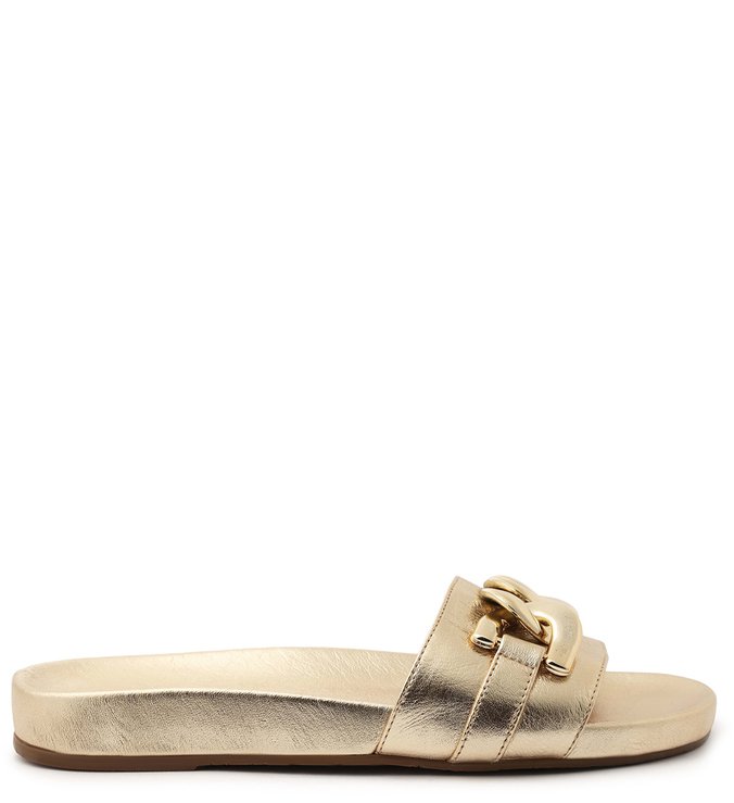 Slide Dourado Couro Flatform Corrente