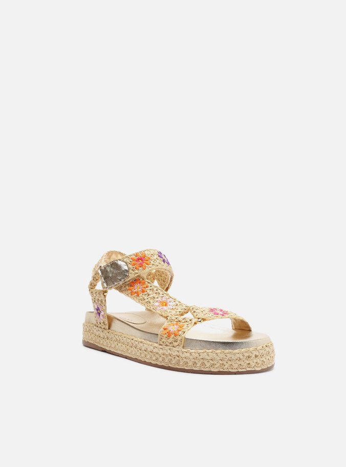 Sandália Papete Cru Crochê Flatform Flores