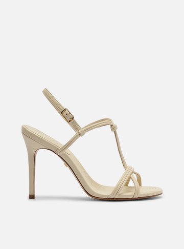 Sandália Off White Salto Alto Fino Tiras Textura