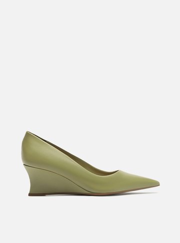 Scarpin Verde Oliva Couro Salto Baixo Anabela Bico Fino