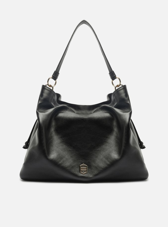 Bolsa Hobo Preta Couro Grande Franzida