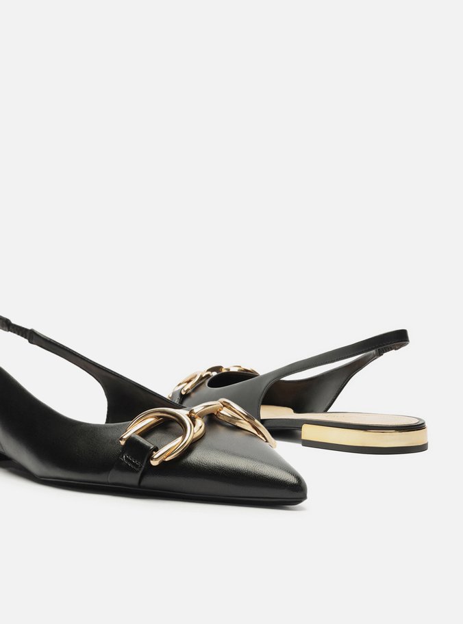 Sapatilha Preta Couro Bico Fino Slingback Bridão