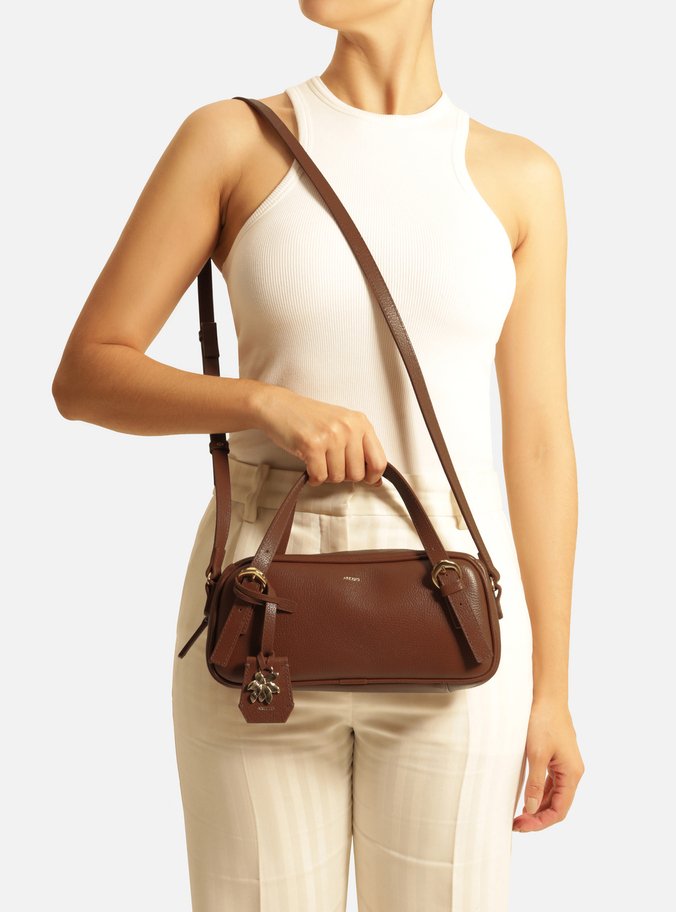 Bolsa Bowling Marrom Couro Grande Metal Flor