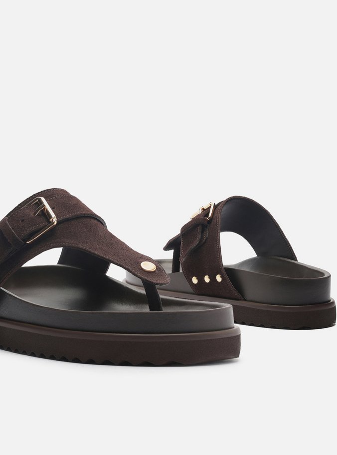 Sandália Papete Marrom Suede Tira Fivela