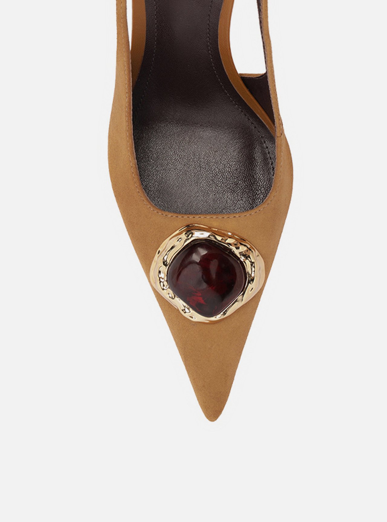Scarpin Marrom Camurça Salto Alto Slingback Pedraria — foto 5