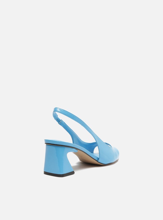 Sandália Azul Verniz Salto Bloco Slingback