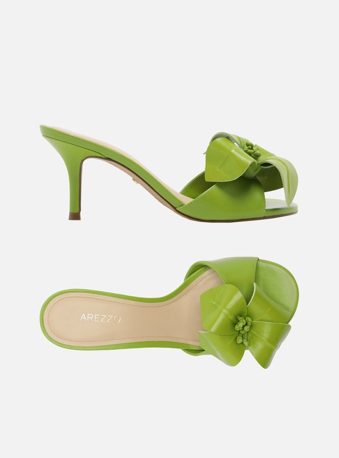 Mule Verde Couro Salto Fino Fiori