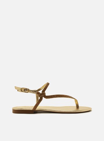 Sandália Rasteira Dourada Tira Lateral Strass