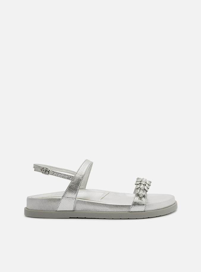 Sandália Papete Prateada Couro Pedraria Fivela