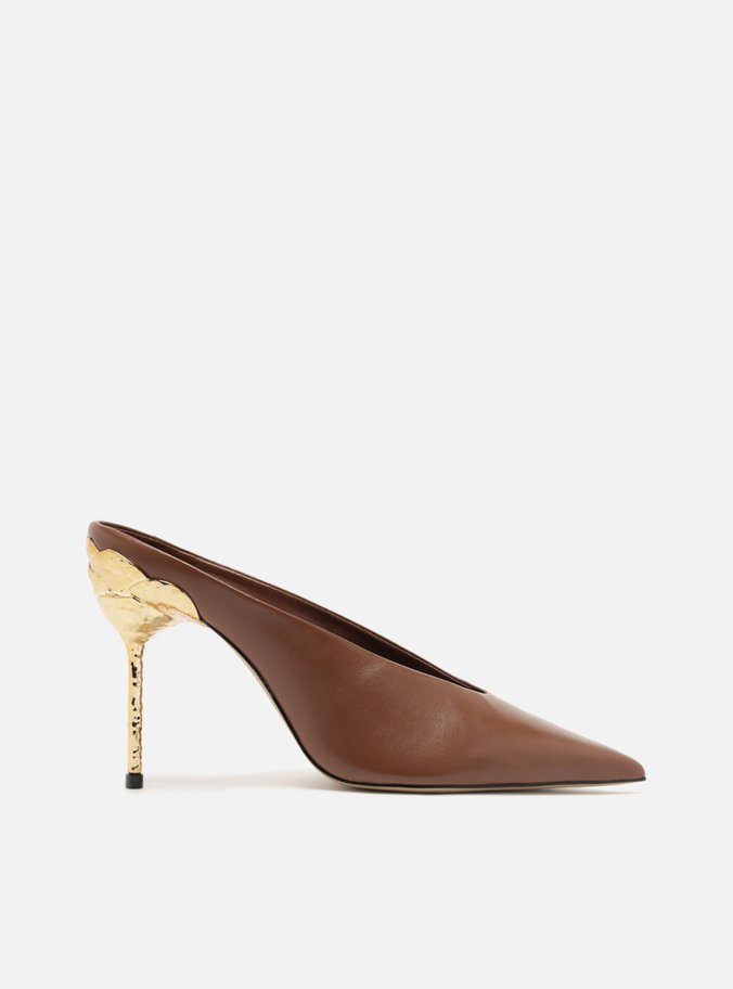 Mule Marrom Couro Salto Fino Dourado Aberto
