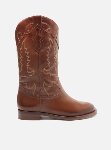 Bota Marrom Pecan Couro Cano Longo Bordado Western