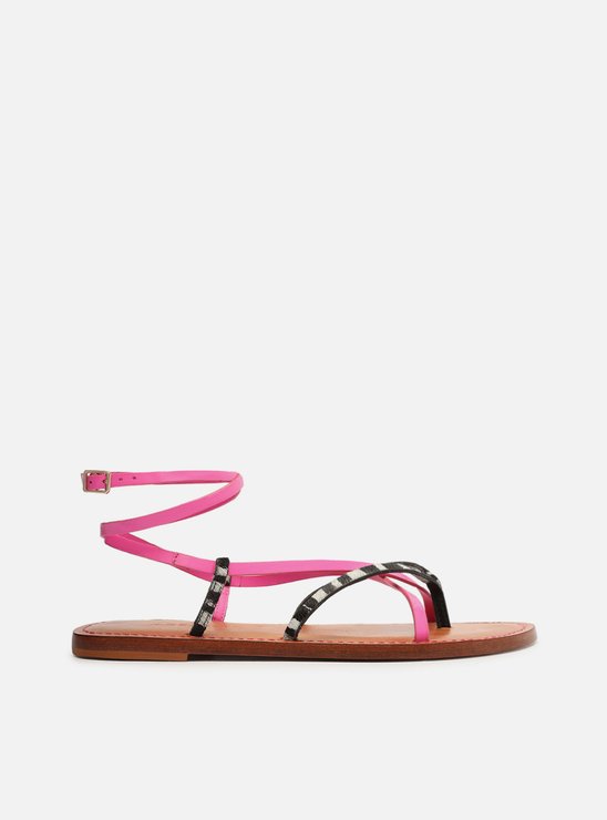 Sandália Rasteira Animal Print Pêlos Salto Rasteiro Fivela Rosa Neon/Branco-Preto