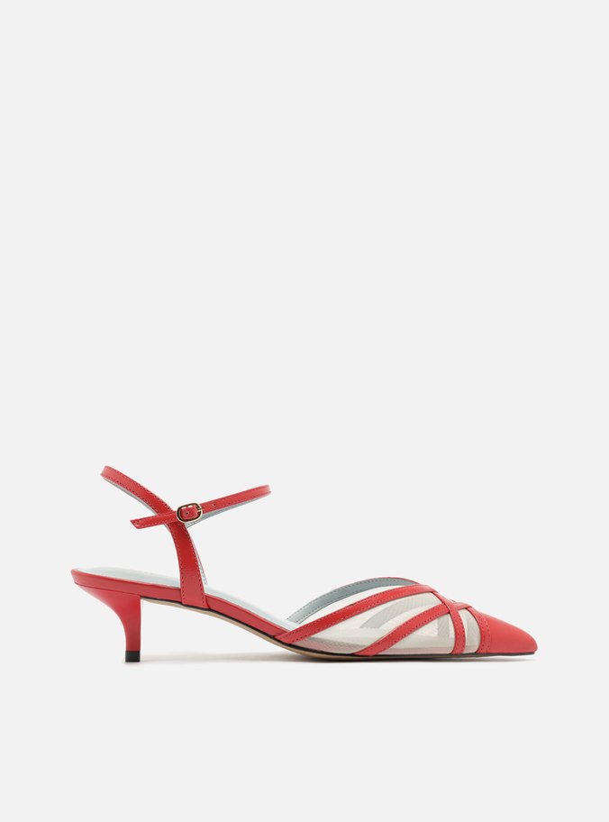 Scarpin Vermelho Couro Tela Salto Baixo Fivela