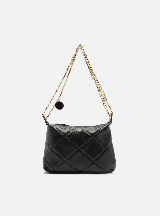 Bolsa Tiracolo Preta Couro Matelassê Pequena Corrente