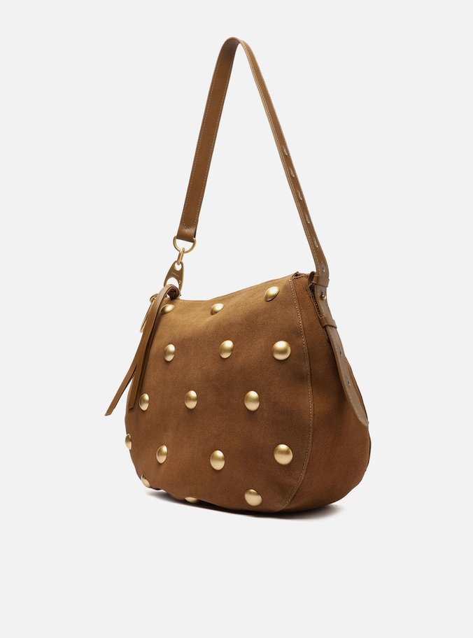Bolsa Tiracolo Marrom Couro Acamurçado Grande Tachas