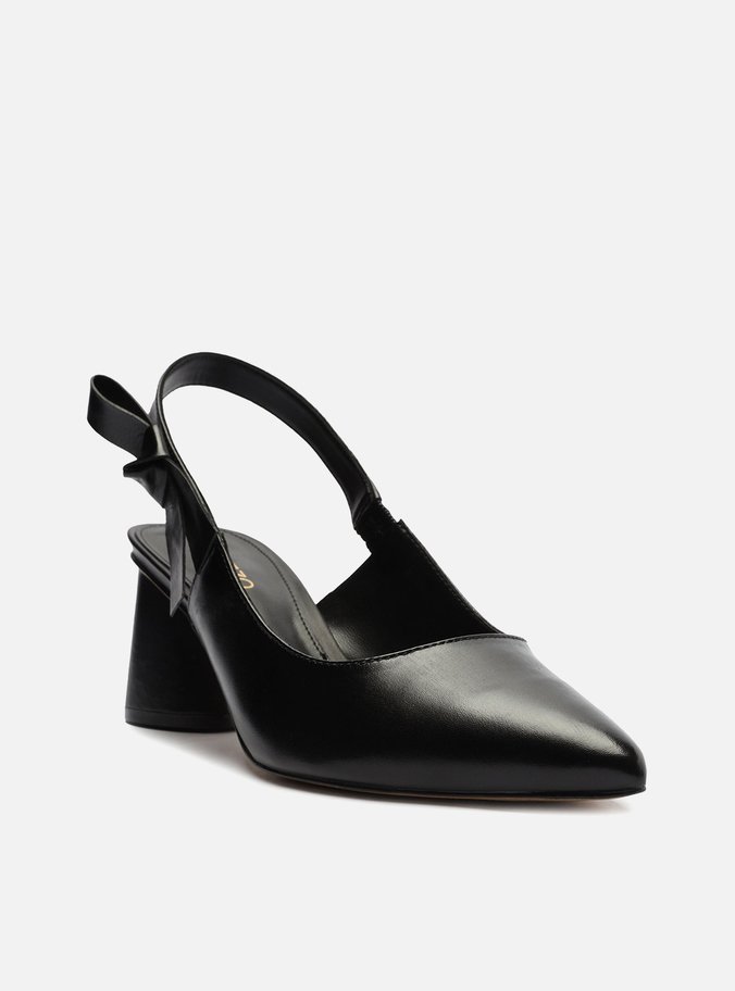 Scarpin Preto Couro Bloco Slingback Laço