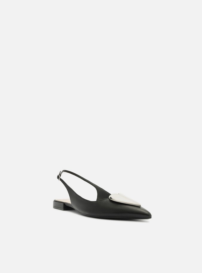 Sapatilha Preta Couro Slingback Coração Metal