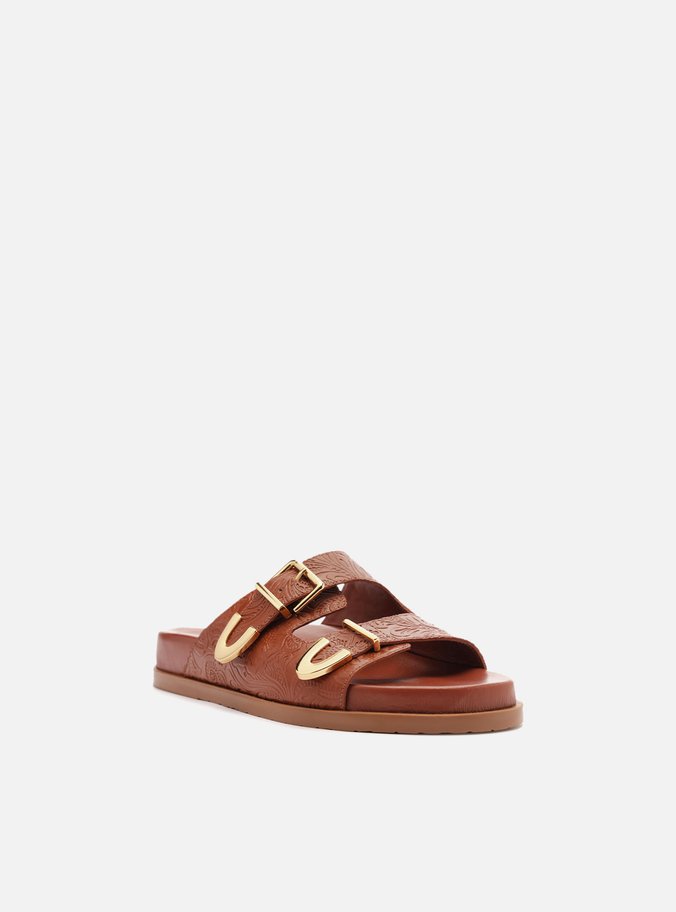 Papete Marrom Caramel Couro Tiras Metais Fivela