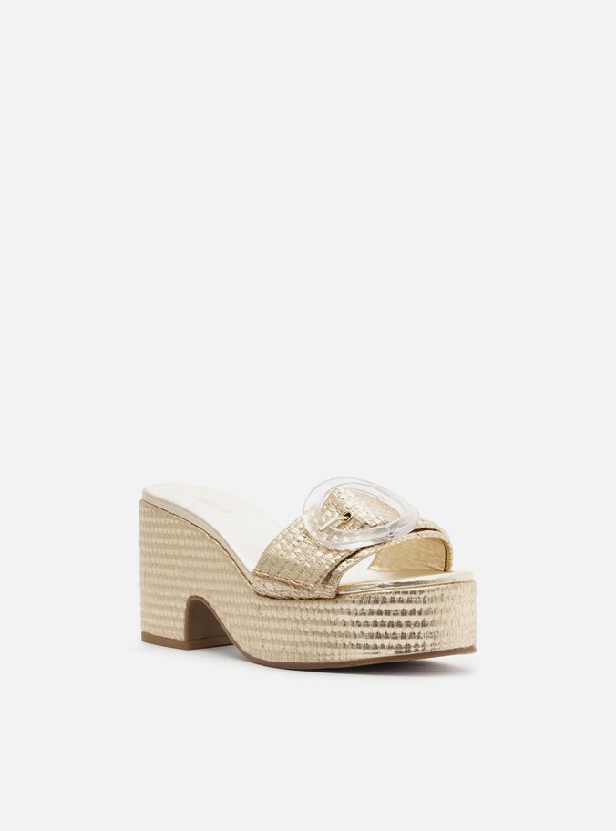Tamanco Dourado Textura Plataforma Tira Fivela