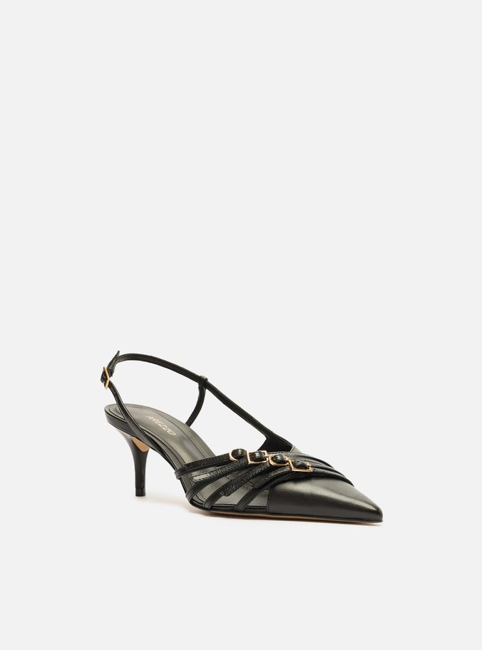 Scarpin Preto Couro Salto Kitten Tiras Fivelas