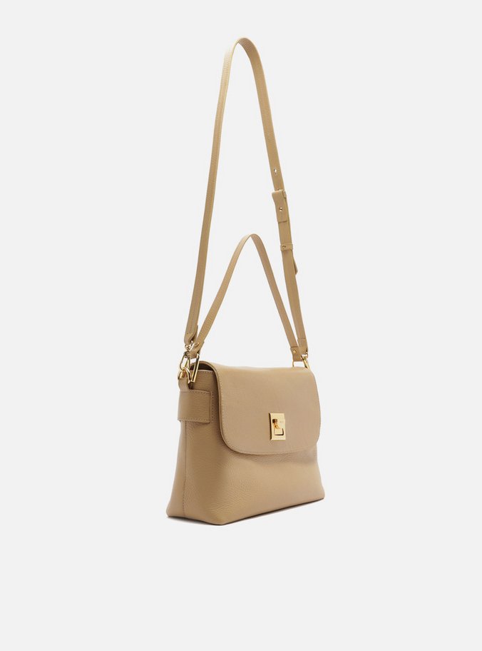 Bolsa Satchel Bege Couro Média Metal