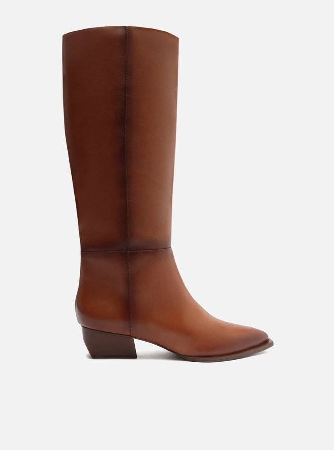Bota Marrom Couro Cano Longo Salto Bloco