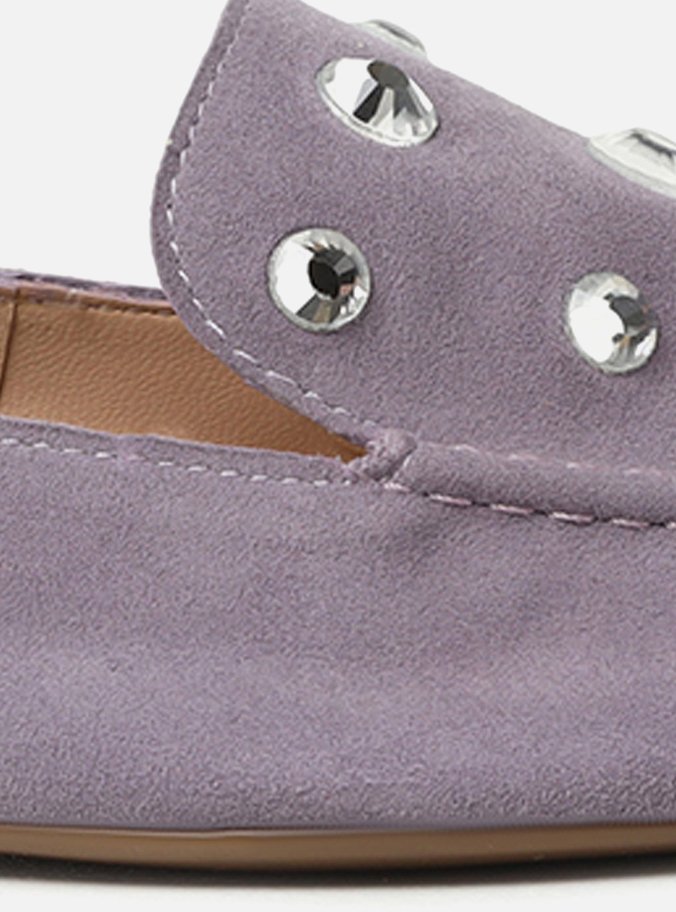 Mocassim Roxo Couro Salto Rasteiro Strass