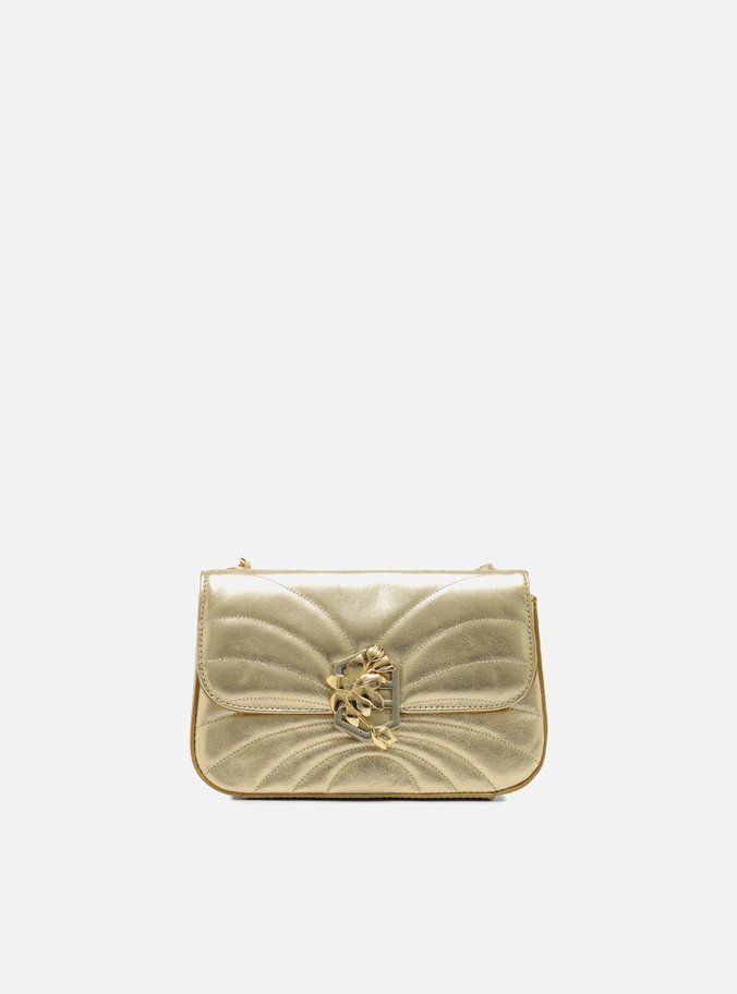 Bolsa Tiracolo Dourada Couro Pequena Metal Flor