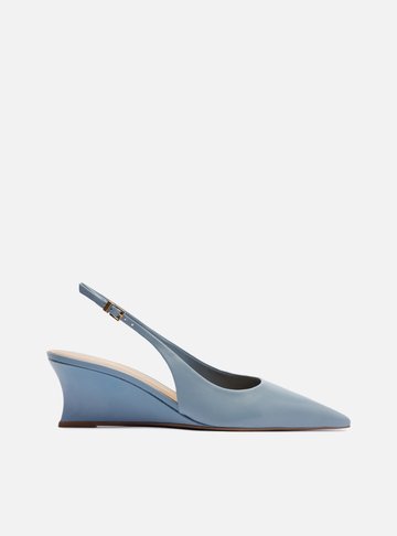 Scarpin Azul Couro Salto Baixo Anabela Slingback