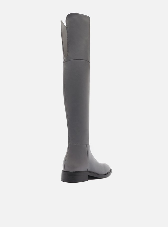 Bota Over The Knee Cinza Couro Salto Bloco