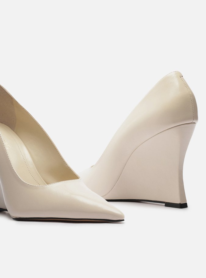 Scarpin Branco Couro Salto Anabela Bico Fino