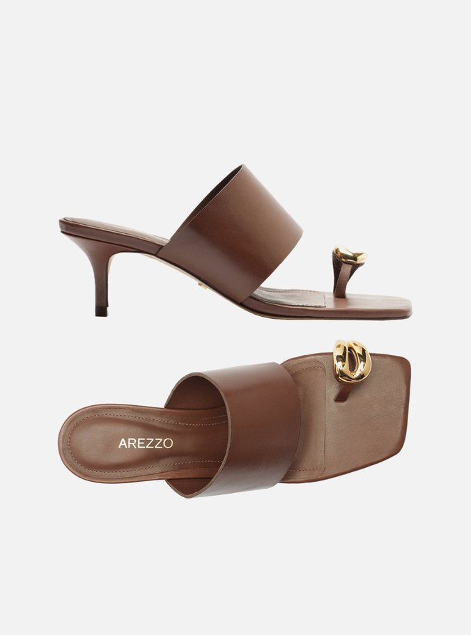 Sandália Marrom Couro Salto Fino Metal Bold
