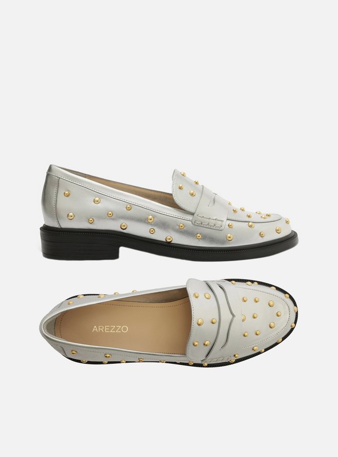 Mocassim Couro Prata Tachas