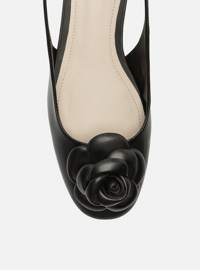 Sapatilha Preta Couro Slingback Flor