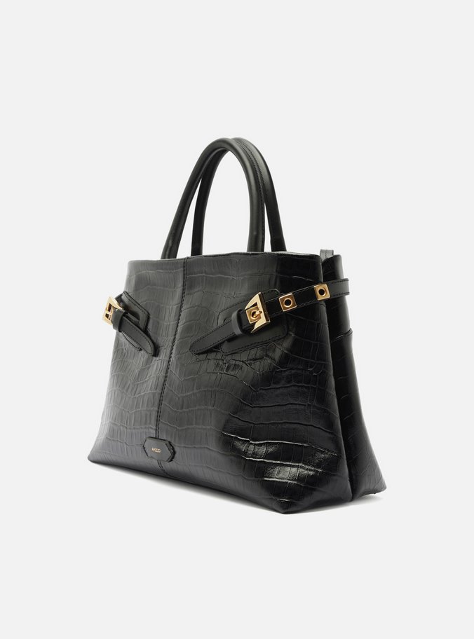 Bolsa Tote Preta Couro Croco Grande Fivelas