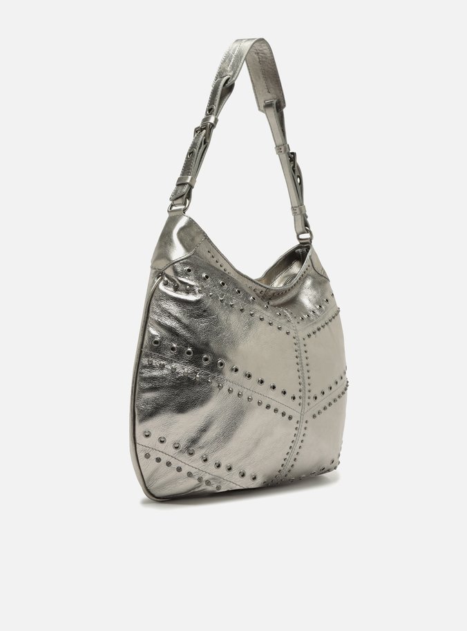Bolsa Hobo Prata Couro Grande Ilhós