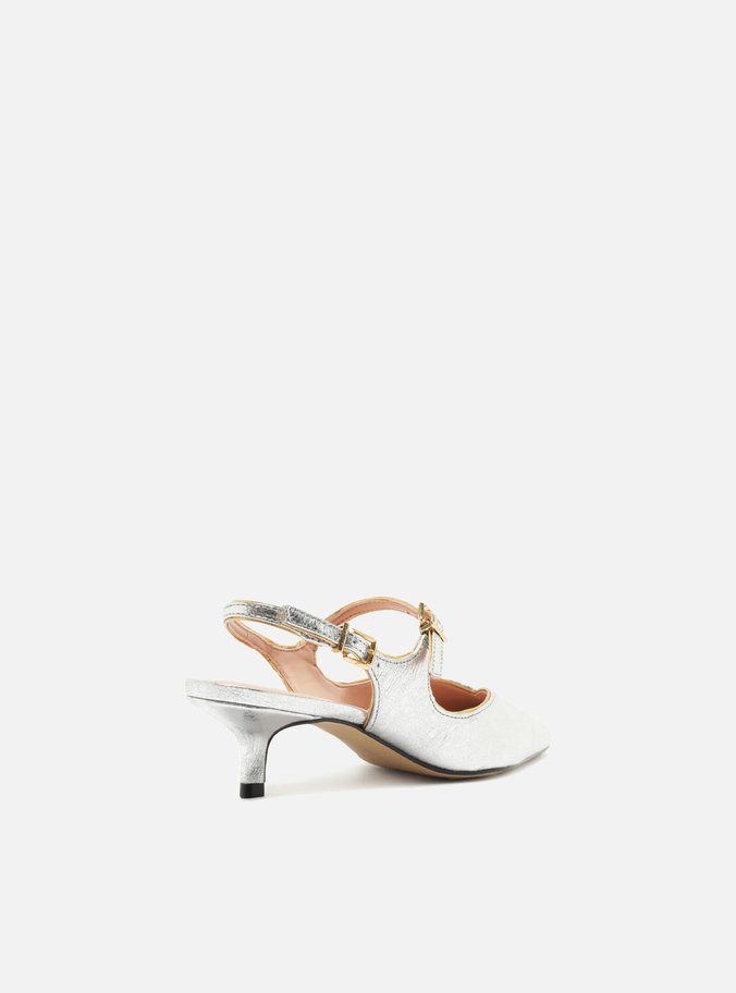 Sapato Boneca Prata Couro Bico Fino Slingback