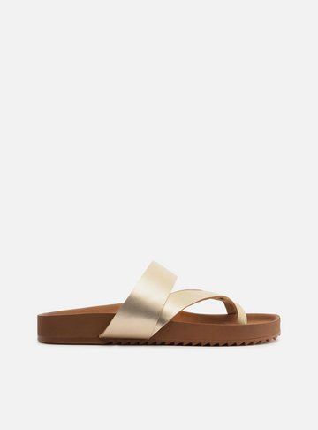 Papete Dourada Couro Flatform Tiras Cruzadas