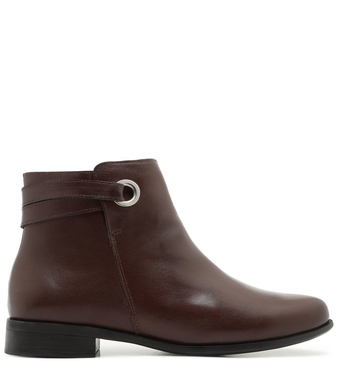 Bota Cano Curto Marrom Couro Salto Bloco Ilhós Cacau Brown